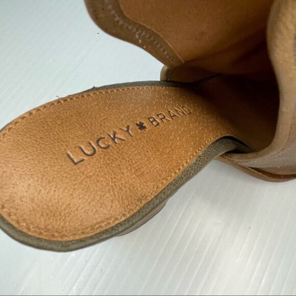 Lucky Brand Lisza peep toe block stacked heel bootie sandal shoes sz 7 tan - Picture 10 of 12